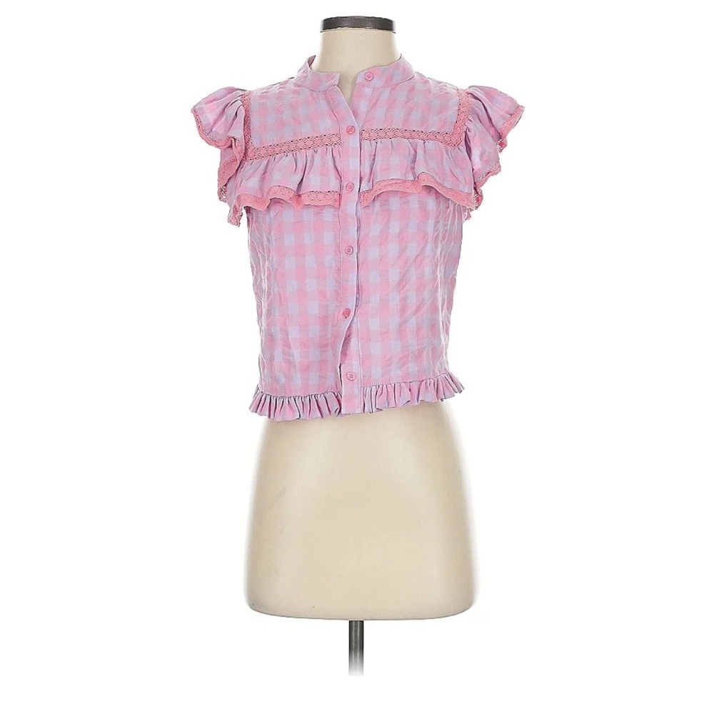 Day + Mood button up pink plaid shirt with ruffle shoulders